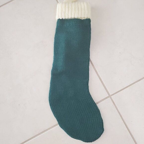 Vintage Knit Green Noel Stocking Pom Poms and Bell - Picture 2 of 2